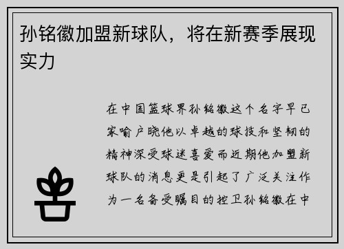 孙铭徽加盟新球队，将在新赛季展现实力